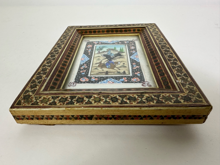 Vintage Persian Indian Handmade Inlaid Mosaic Marquetry Wooden Frame With Original Painting 5 X 7 [Photo 8]