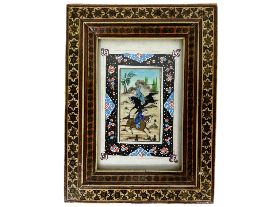 Vintage Persian Indian Handmade Inlaid Mosaic Marquetry Wooden Frame With Original Painting 5 X 7