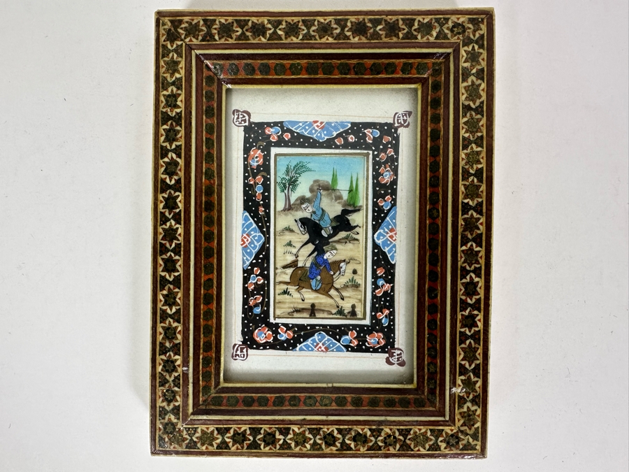 Vintage Persian Indian Handmade Inlaid Mosaic Marquetry Wooden Frame With Original Painting 5 X 7 [Photo 2]