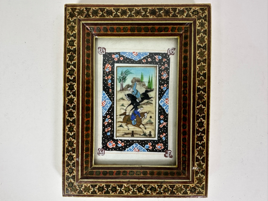 Vintage Persian Indian Handmade Inlaid Mosaic Marquetry Wooden Frame With Original Painting 5 X 7 [Photo 3]