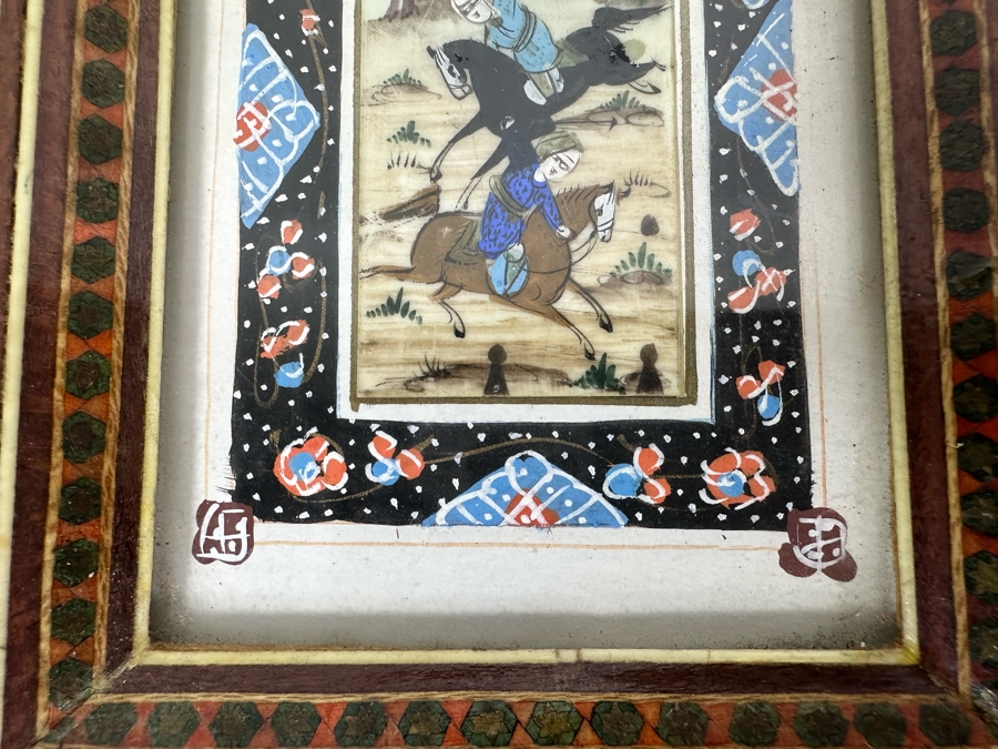 Vintage Persian Indian Handmade Inlaid Mosaic Marquetry Wooden Frame With Original Painting 5 X 7 [Photo 6]