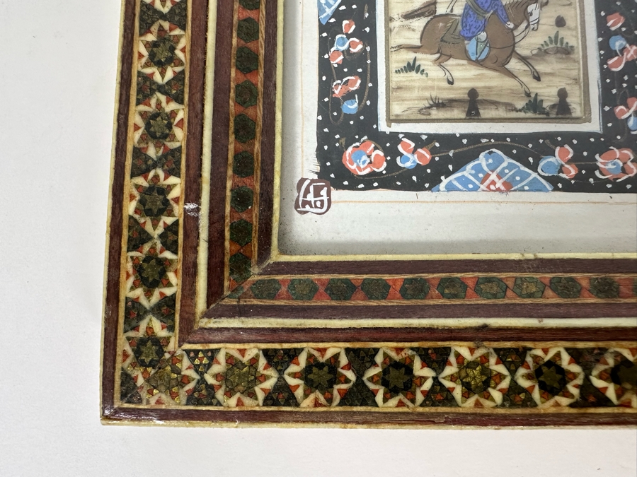 Vintage Persian Indian Handmade Inlaid Mosaic Marquetry Wooden Frame With Original Painting 5 X 7 [Photo 7]