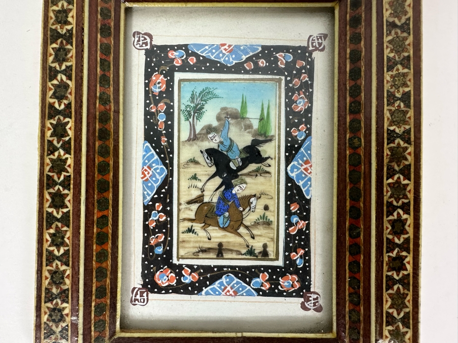 Vintage Persian Indian Handmade Inlaid Mosaic Marquetry Wooden Frame With Original Painting 5 X 7 [Photo 4]