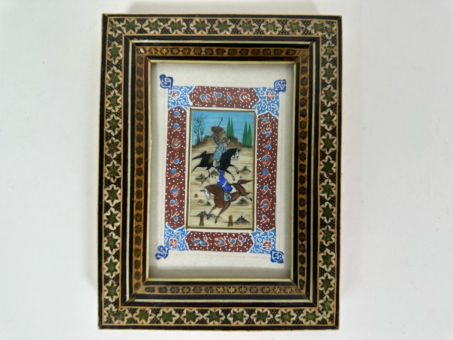 Vintage Persian Indian Handmade Inlaid Mosaic Marquetry Wooden Frame With Original Painting 5 X 7 [Photo 3]