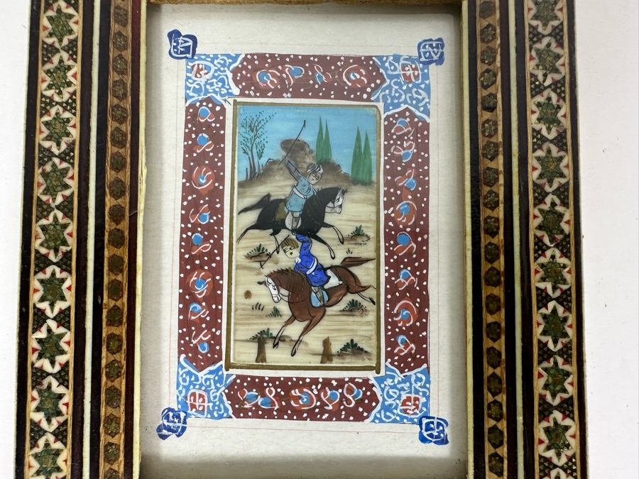 Vintage Persian Indian Handmade Inlaid Mosaic Marquetry Wooden Frame With Original Painting 5 X 7 [Photo 4]