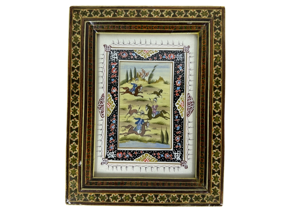 Vintage Persian Indian Handmade Inlaid Mosaic Marquetry Wooden Frame With Original Painting 7 X 9