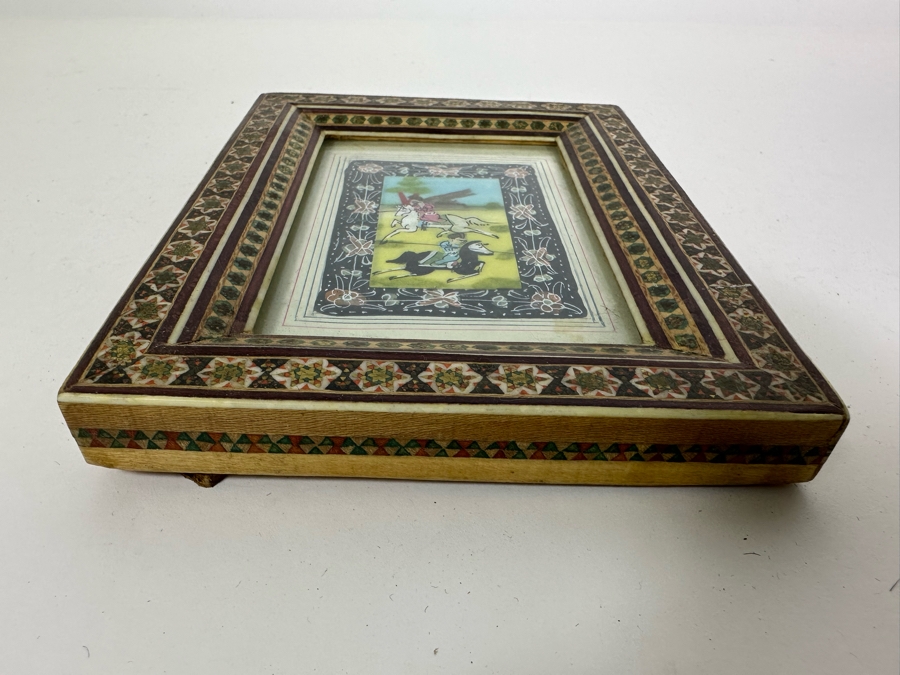 Vintage Persian Indian Handmade Inlaid Mosaic Marquetry Wooden Frame With Original Painting 5 X 7 [Photo 7]
