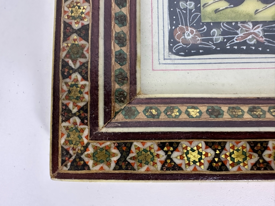 Vintage Persian Indian Handmade Inlaid Mosaic Marquetry Wooden Frame With Original Painting 5 X 7 [Photo 6]