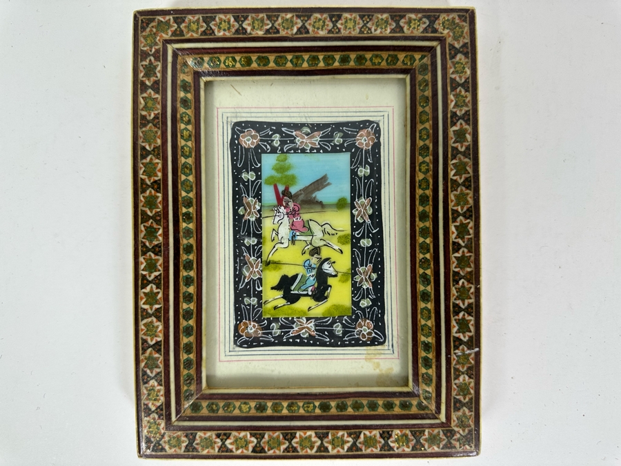 Vintage Persian Indian Handmade Inlaid Mosaic Marquetry Wooden Frame With Original Painting 5 X 7 [Photo 2]