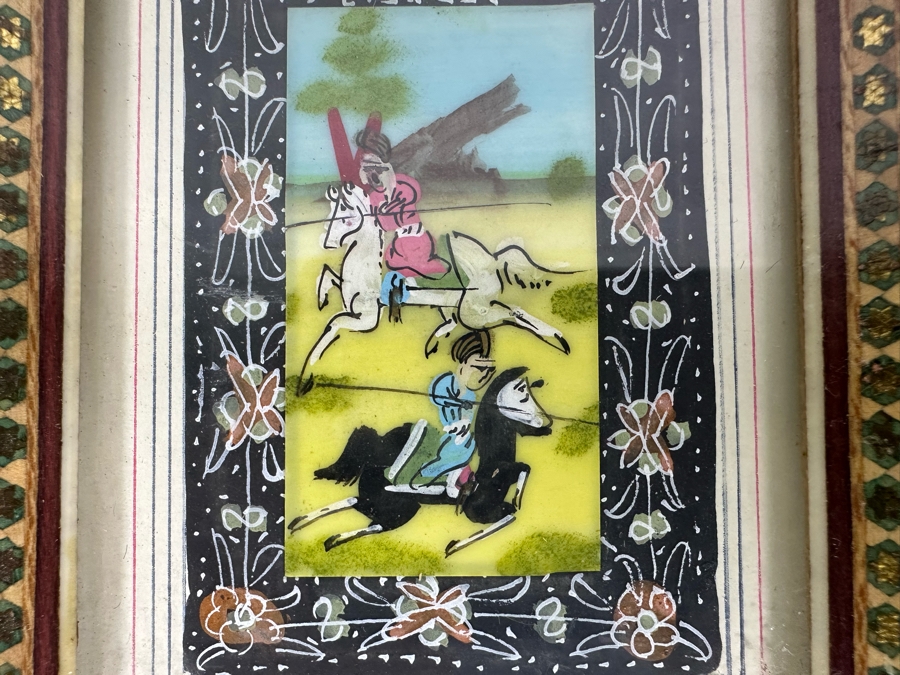 Vintage Persian Indian Handmade Inlaid Mosaic Marquetry Wooden Frame With Original Painting 5 X 7 [Photo 5]