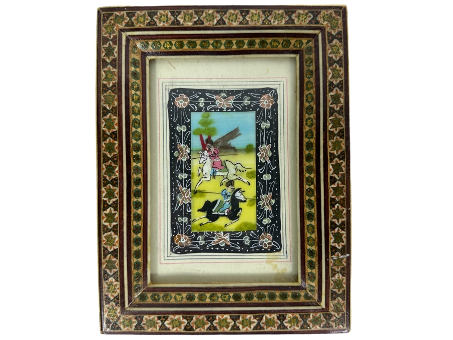 Vintage Persian Indian Handmade Inlaid Mosaic Marquetry Wooden Frame With Original Painting 5 X 7