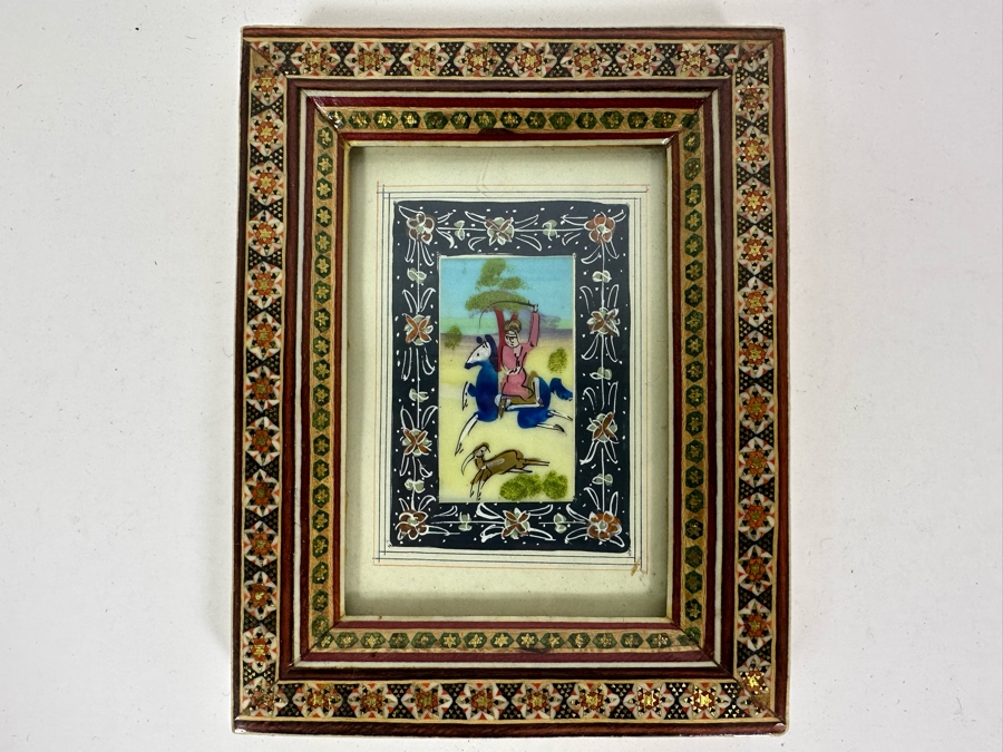 Vintage Persian Indian Handmade Inlaid Mosaic Marquetry Wooden Frame With Original Painting 5.5 X 7 [Photo 2]