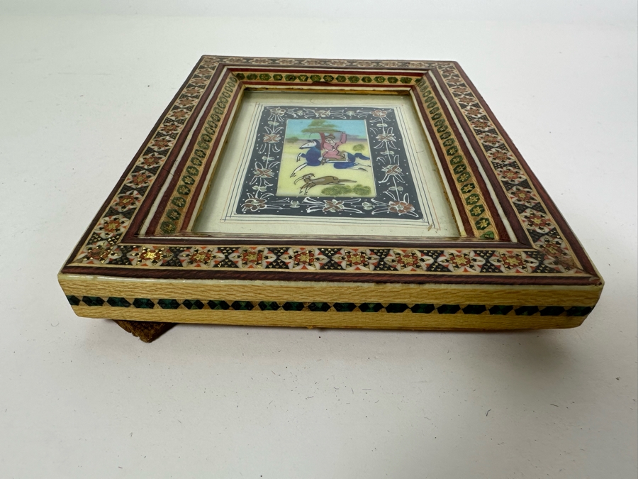 Vintage Persian Indian Handmade Inlaid Mosaic Marquetry Wooden Frame With Original Painting 5.5 X 7 [Photo 6]