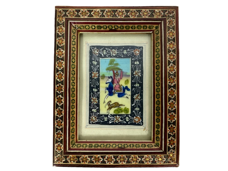 Vintage Persian Indian Handmade Inlaid Mosaic Marquetry Wooden Frame With Original Painting 5.5 X 7