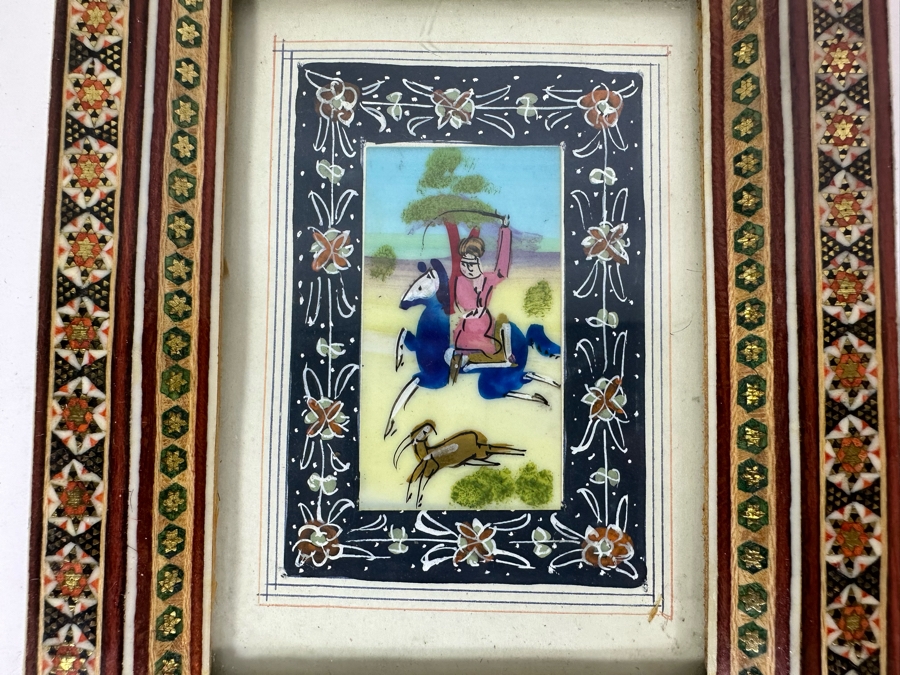 Vintage Persian Indian Handmade Inlaid Mosaic Marquetry Wooden Frame With Original Painting 5.5 X 7 [Photo 3]