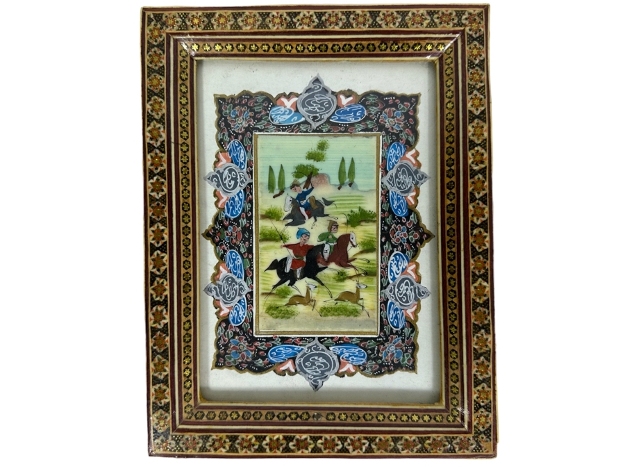 Vintage Persian Indian Handmade Inlaid Mosaic Marquetry Wooden Frame With Original Painting 7 X 9