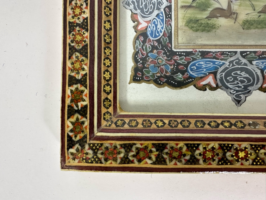 Vintage Persian Indian Handmade Inlaid Mosaic Marquetry Wooden Frame With Original Painting 7 X 9 [Photo 7]