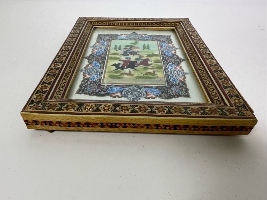 Vintage Persian Indian Handmade Inlaid Mosaic Marquetry Wooden Frame With Original Painting 7 X 9 [Photo 8]