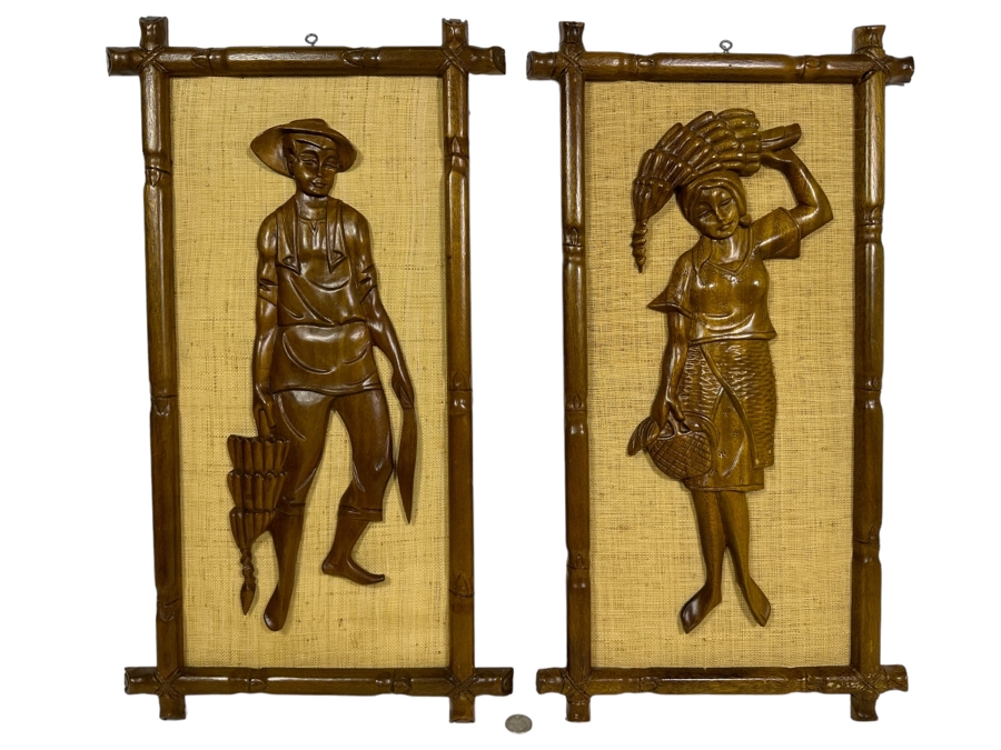 Pair Of Mid-Century Relief Carved Wooden Wall Artwork 13.5 X 24 [Photo 1]