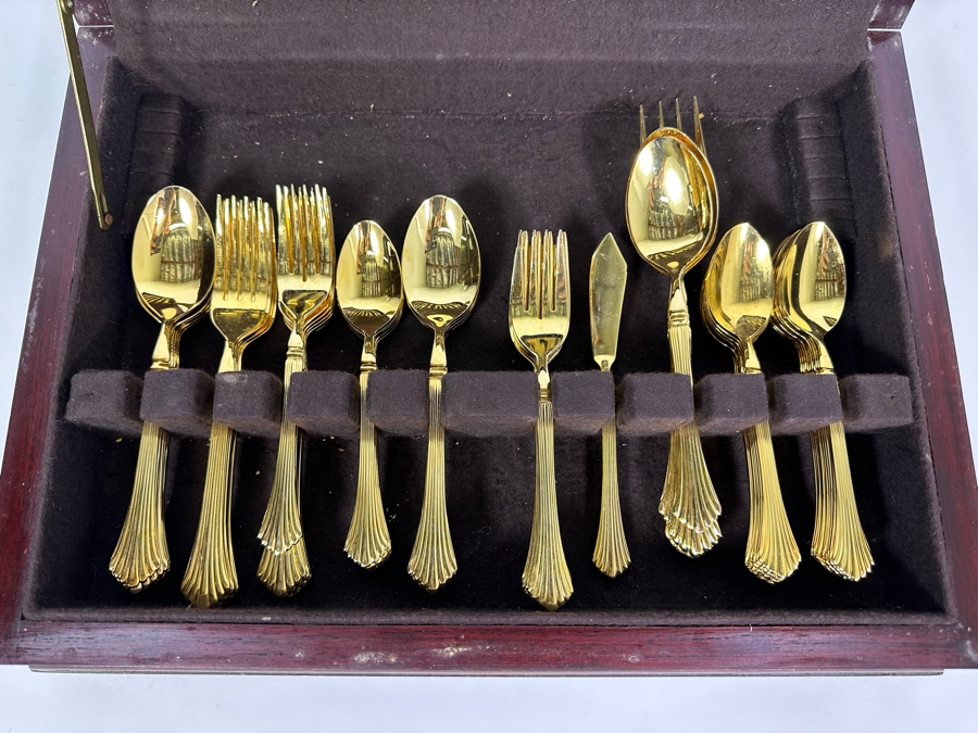 Handmade Wooden Inlaid Bone Silverware Storage Chest With Wesley Forge Stainless Gold Tone Flatware Set 17W X 12D X 5H [Photo 6]