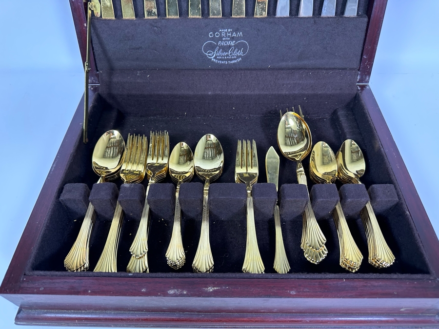 Handmade Wooden Inlaid Bone Silverware Storage Chest With Wesley Forge Stainless Gold Tone Flatware Set 17W X 12D X 5H [Photo 8]