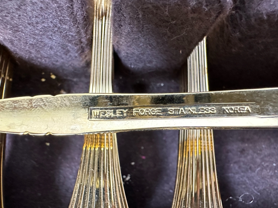 Handmade Wooden Inlaid Bone Silverware Storage Chest With Wesley Forge Stainless Gold Tone Flatware Set 17W X 12D X 5H [Photo 9]