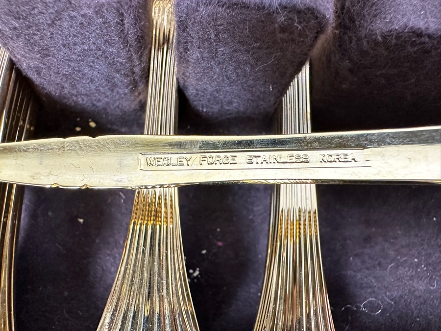 Handmade Wooden Inlaid Bone Silverware Storage Chest With Wesley Forge Stainless Gold Tone Flatware Set 17W X 12D X 5H [Photo 10]