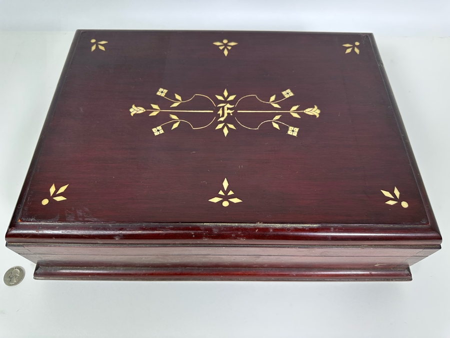 Handmade Wooden Inlaid Bone Silverware Storage Chest With Wesley Forge Stainless Gold Tone Flatware Set 17W X 12D X 5H [Photo 2]