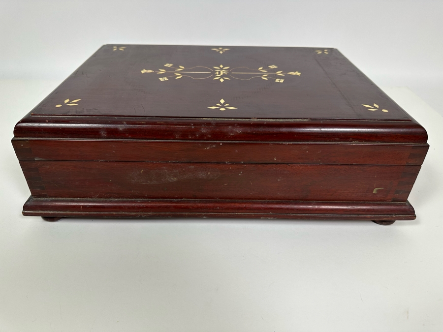 Handmade Wooden Inlaid Bone Silverware Storage Chest With Wesley Forge Stainless Gold Tone Flatware Set 17W X 12D X 5H [Photo 4]