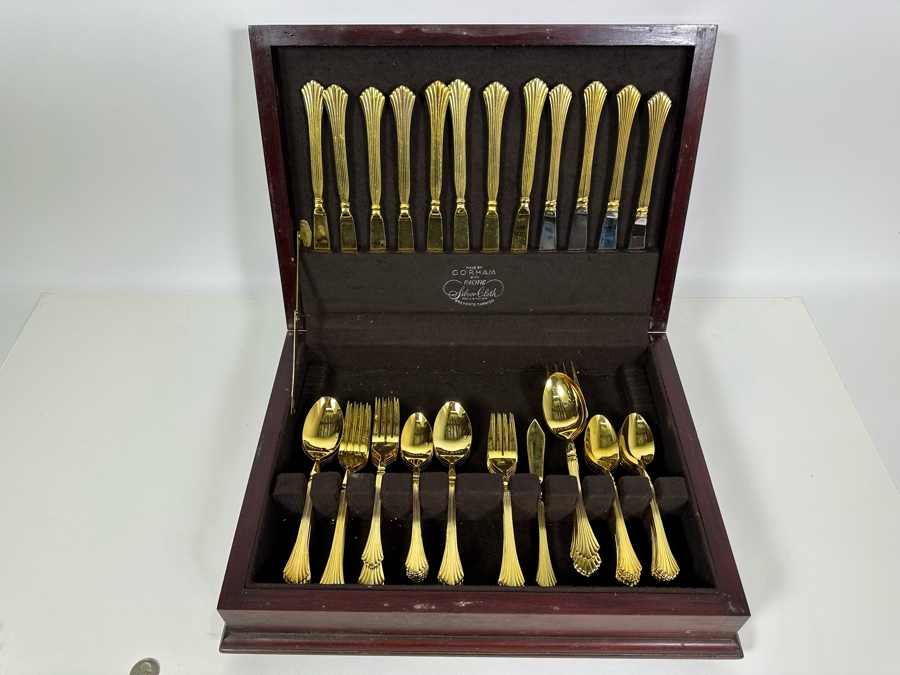 Handmade Wooden Inlaid Bone Silverware Storage Chest With Wesley Forge Stainless Gold Tone Flatware Set 17W X 12D X 5H [Photo 5]