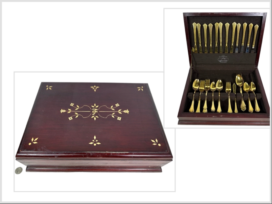 Handmade Wooden Inlaid Bone Silverware Storage Chest With Wesley Forge Stainless Gold Tone Flatware Set 17W X 12D X 5H [Photo 1]