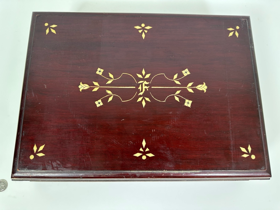 Handmade Wooden Inlaid Bone Silverware Storage Chest With Wesley Forge Stainless Gold Tone Flatware Set 17W X 12D X 5H [Photo 3]