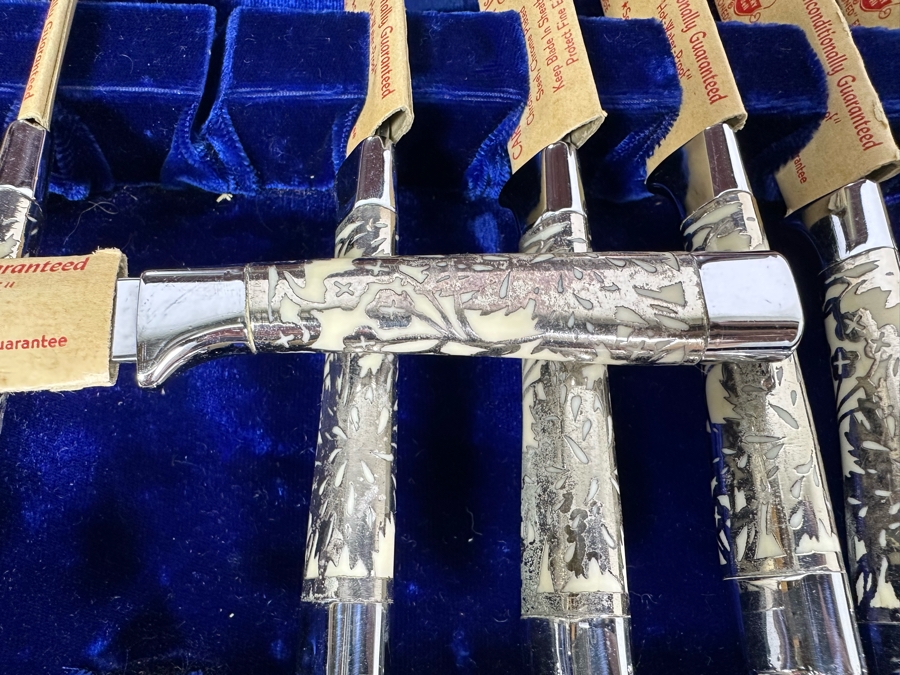 Handmade Wooden Inlaid Bone Silverware Storage Chest With Carvel Hall By Briddell Carving Set With 12 Steak Knives 19W X 16D X 5H [Photo 8]