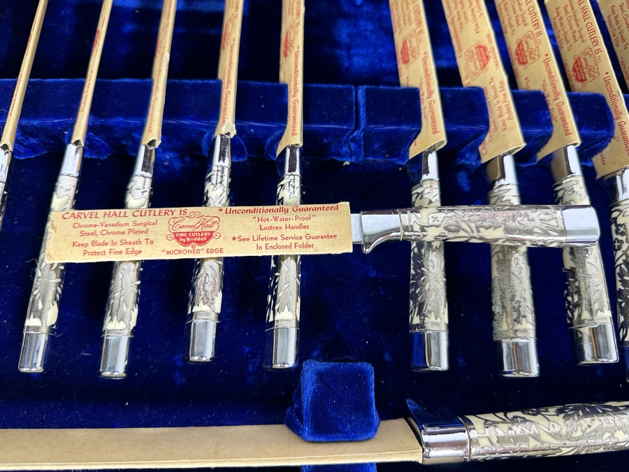 Handmade Wooden Inlaid Bone Silverware Storage Chest With Carvel Hall By Briddell Carving Set With 12 Steak Knives 19W X 16D X 5H [Photo 7]