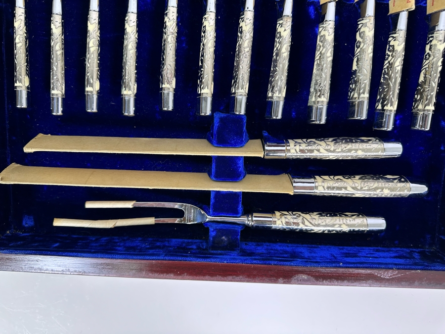 Handmade Wooden Inlaid Bone Silverware Storage Chest With Carvel Hall By Briddell Carving Set With 12 Steak Knives 19W X 16D X 5H [Photo 6]