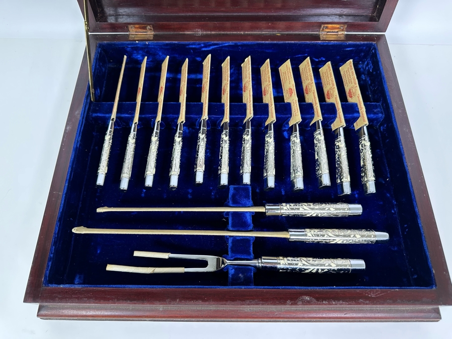 Handmade Wooden Inlaid Bone Silverware Storage Chest With Carvel Hall By Briddell Carving Set With 12 Steak Knives 19W X 16D X 5H [Photo 4]