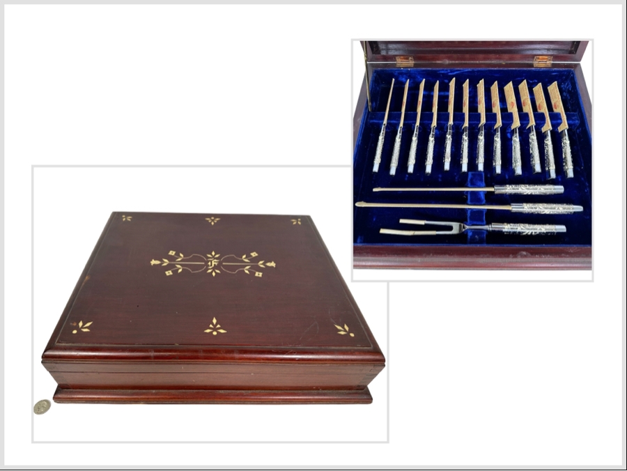 Handmade Wooden Inlaid Bone Silverware Storage Chest With Carvel Hall By Briddell Carving Set With 12 Steak Knives 19W X 16D X 5H [Photo 1]