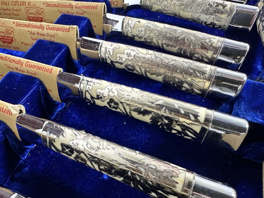 Handmade Wooden Inlaid Bone Silverware Storage Chest With Carvel Hall By Briddell Carving Set With 12 Steak Knives 19W X 16D X 5H [Photo 5]