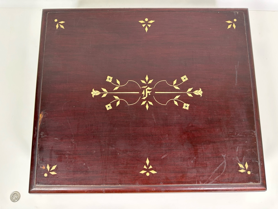 Handmade Wooden Inlaid Bone Silverware Storage Chest With Carvel Hall By Briddell Carving Set With 12 Steak Knives 19W X 16D X 5H [Photo 3]