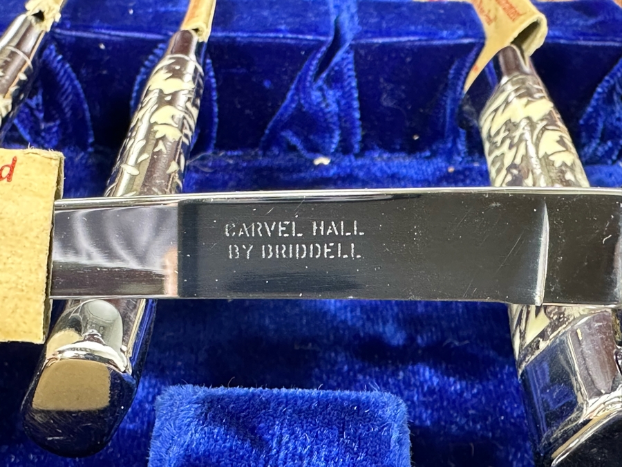 Handmade Wooden Inlaid Bone Silverware Storage Chest With Carvel Hall By Briddell Carving Set With 12 Steak Knives 19W X 16D X 5H [Photo 9]