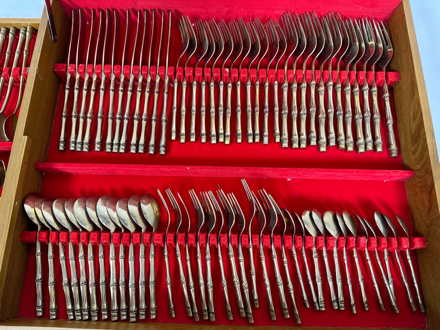 Huge Set Of Bangkok Thailand Brass Bronze Bamboo Flatware With Wooden Storage Box - 154 Pieces 20W X 18D X 4H [Photo 4]