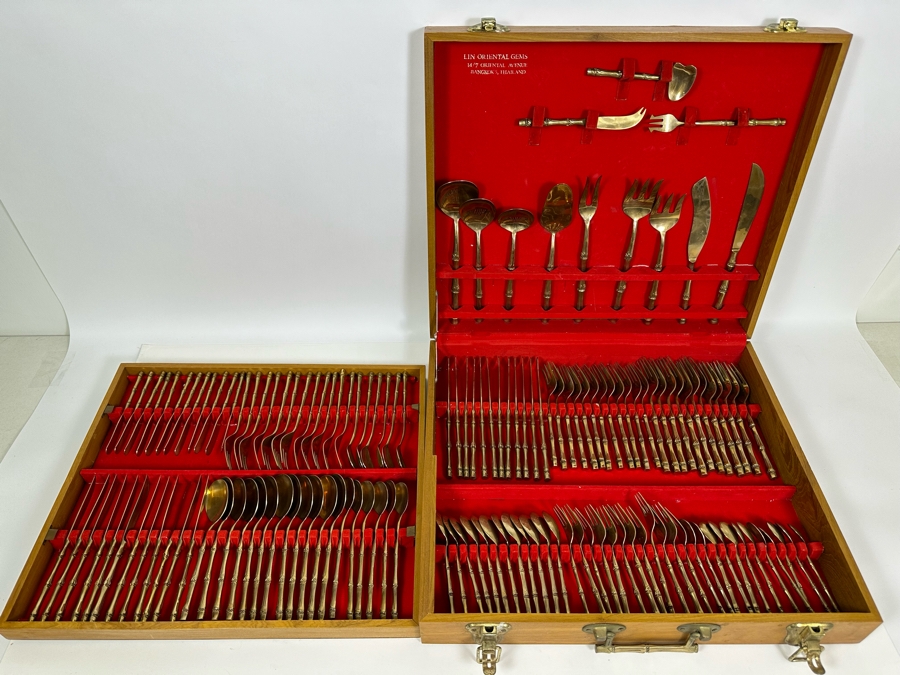 Huge Set Of Bangkok Thailand Brass Bronze Bamboo Flatware With Wooden Storage Box - 154 Pieces 20W X 18D X 4H [Photo 3]