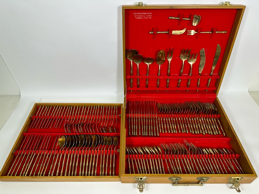 Huge Set Of Bangkok Thailand Brass Bronze Bamboo Flatware With Wooden Storage Box - 154 Pieces 20W X 18D X 4H [Photo 2]