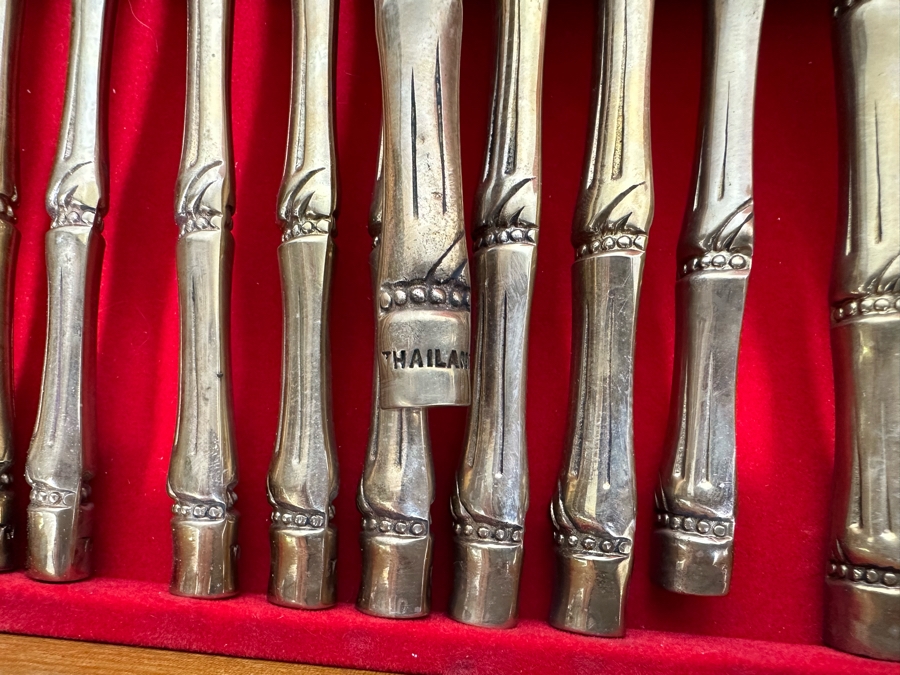 Huge Set Of Bangkok Thailand Brass Bronze Bamboo Flatware With Wooden Storage Box - 154 Pieces 20W X 18D X 4H [Photo 9]