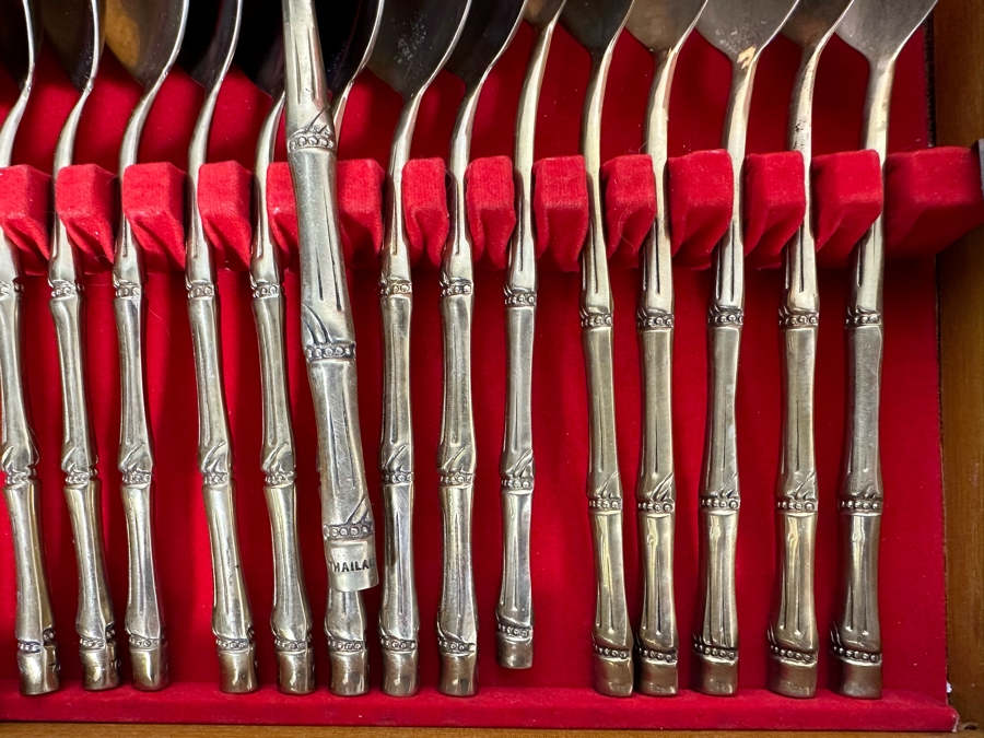 Huge Set Of Bangkok Thailand Brass Bronze Bamboo Flatware With Wooden Storage Box - 154 Pieces 20W X 18D X 4H [Photo 10]
