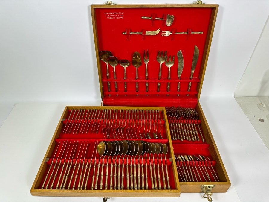 Huge Set Of Bangkok Thailand Brass Bronze Bamboo Flatware With Wooden Storage Box - 154 Pieces 20W X 18D X 4H [Photo 11]