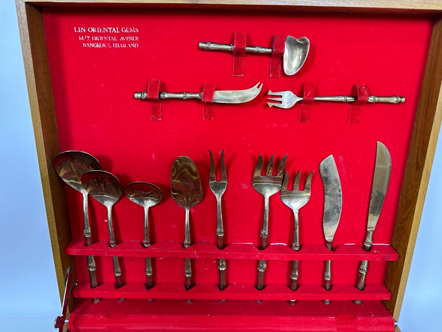 Huge Set Of Bangkok Thailand Brass Bronze Bamboo Flatware With Wooden Storage Box - 154 Pieces 20W X 18D X 4H [Photo 5]