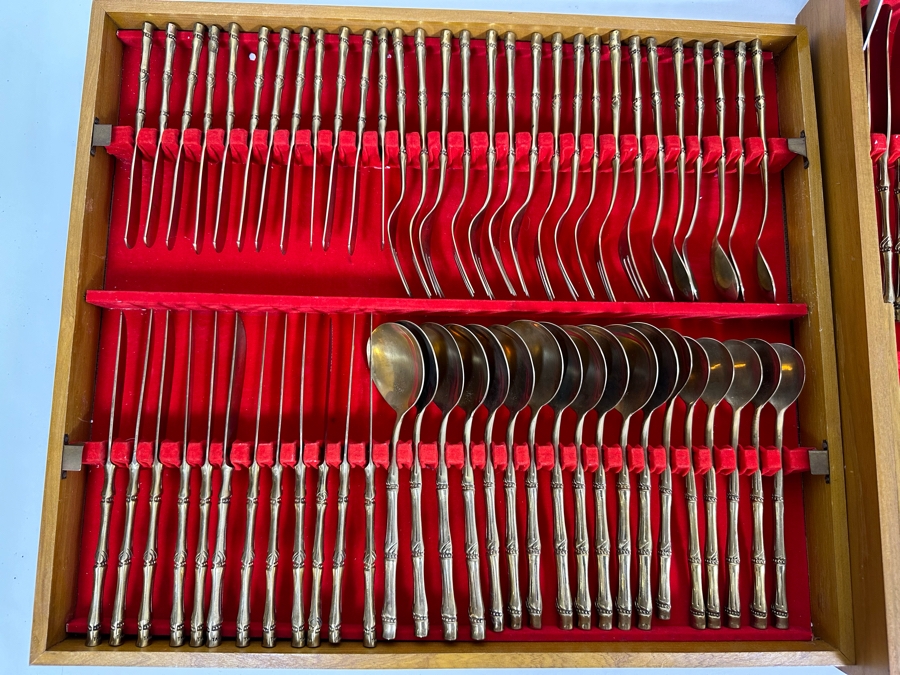 Huge Set Of Bangkok Thailand Brass Bronze Bamboo Flatware With Wooden Storage Box - 154 Pieces 20W X 18D X 4H [Photo 7]