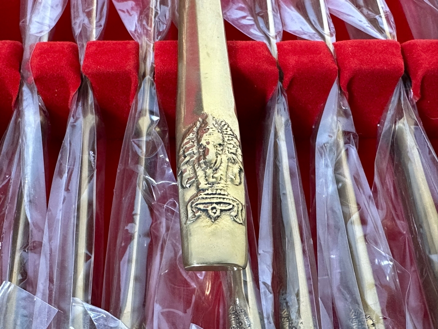 Huge Set Of Thailand Brass Bronze Flatware All New / Sealed Except Ones Shown In Photos With Wooden Storage Box - 122 Pieces 18.5W X 18D X 4H [Photo 11]