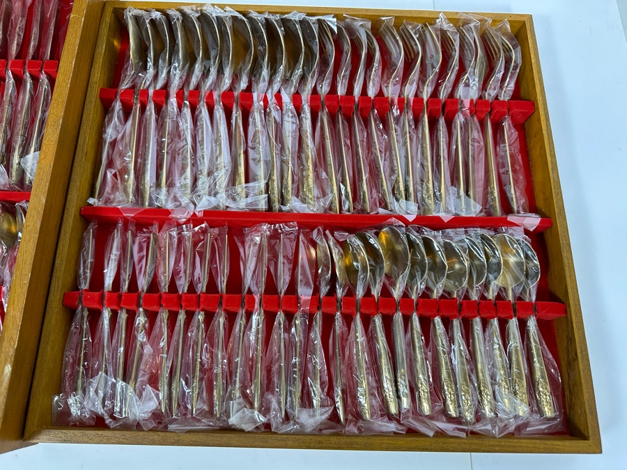 Huge Set Of Thailand Brass Bronze Flatware All New / Sealed Except Ones Shown In Photos With Wooden Storage Box - 122 Pieces 18.5W X 18D X 4H [Photo 6]